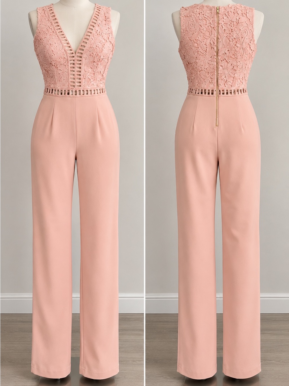 Love By Design Peach Lace Bodice V-Neck Jumpsuit